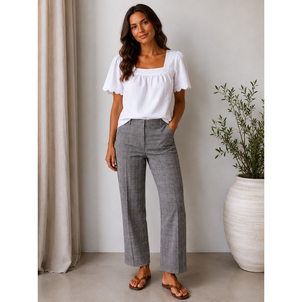 Ann Taylor Factory Petite Glen Plaid Straight Leg Dress Pants Grey Black 6P